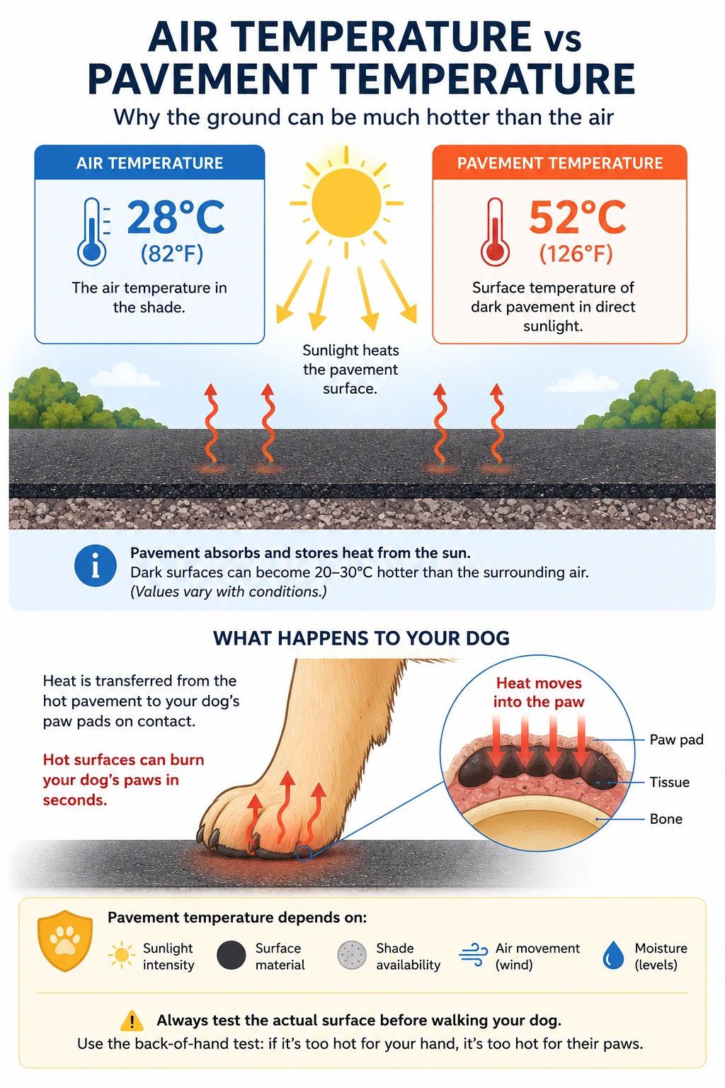 Infographic comparing air temperature and pavement temperature, showing how sun-heated surfaces can become much hotter than the surrounding air and transfer heat to a dog's paws.