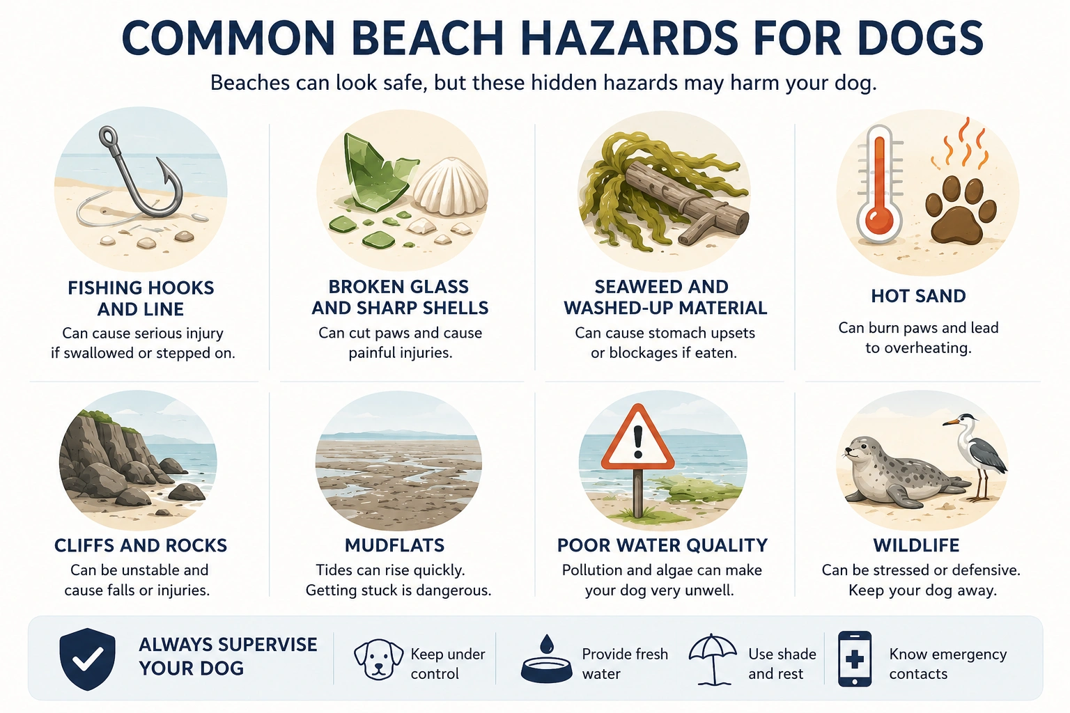 Infographic showing the most common beach hazards for dogs, including fishing hooks, broken glass, seaweed, hot sand, cliffs, mudflats, poor water quality and wildlife.