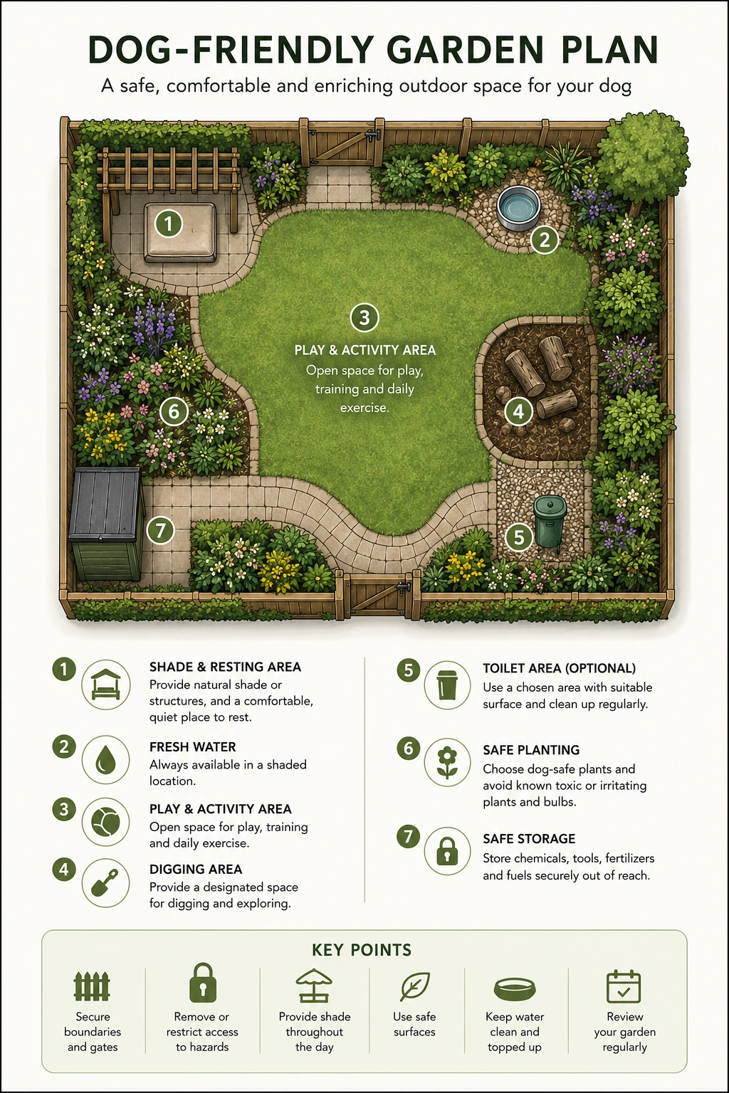 Planning diagram showing a dog-friendly garden layout with secure boundaries, shade, fresh water, safe planting, play space and optional digging and toilet areas.