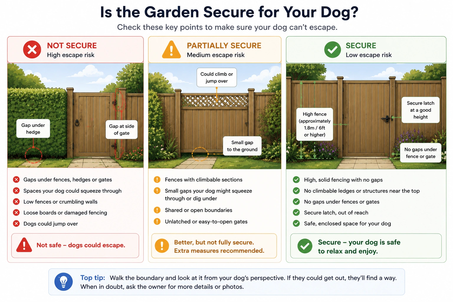 Diagram showing how to assess whether a holiday property's garden is secure for a dog by checking fences, gates, gaps and boundaries.