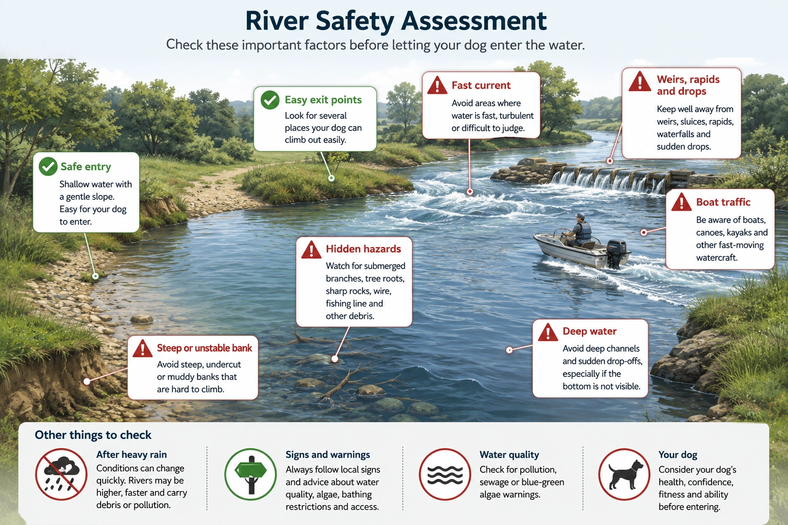 Illustrated river safety assessment showing safe entry points, fast currents, hidden hazards, safe exit points and other checks before allowing a dog to swim.