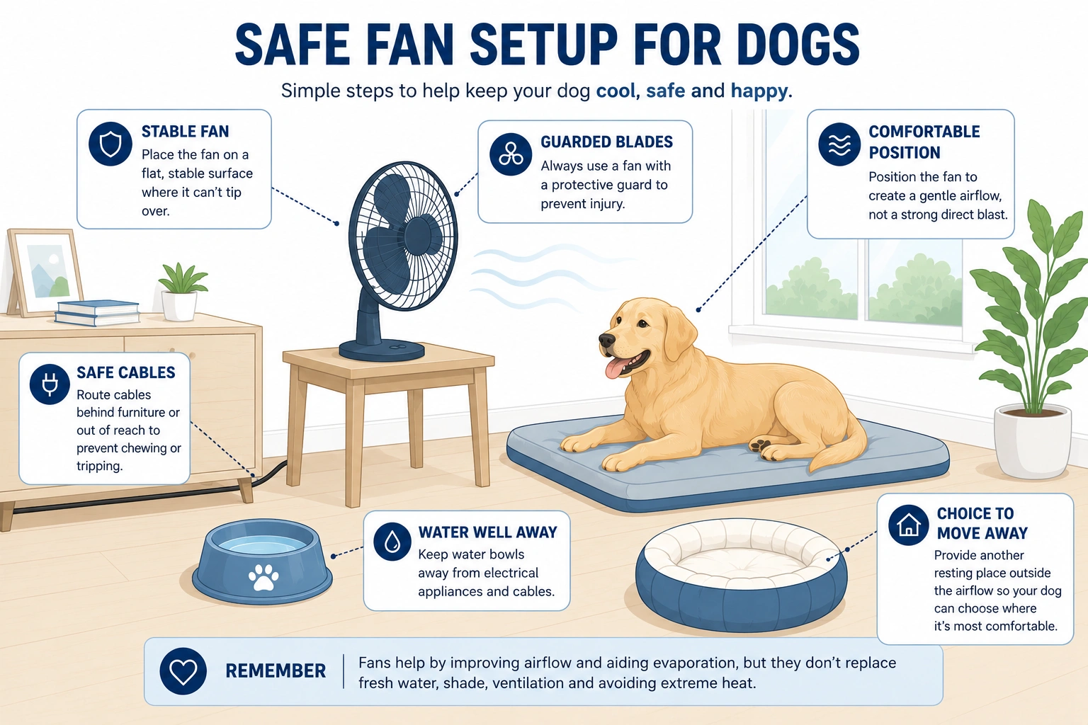 Safe fan setup for dogs showing correct fan placement, protected blades, safely routed cable, fresh water and a second resting area.