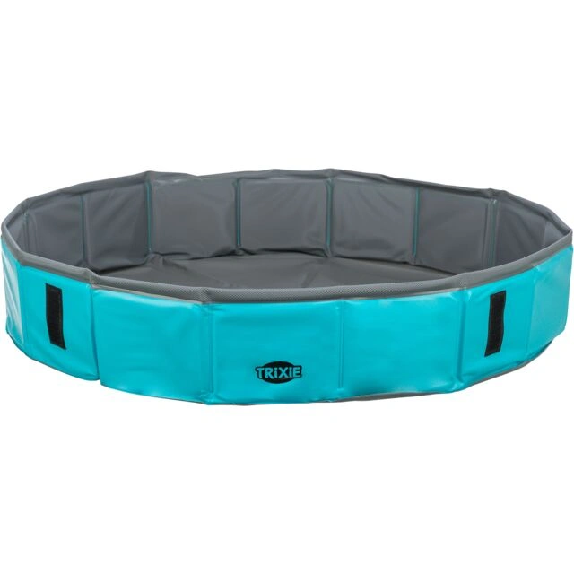Trixie foldable dog paddling pool with rigid side panels, non-slip base and drain valve.
