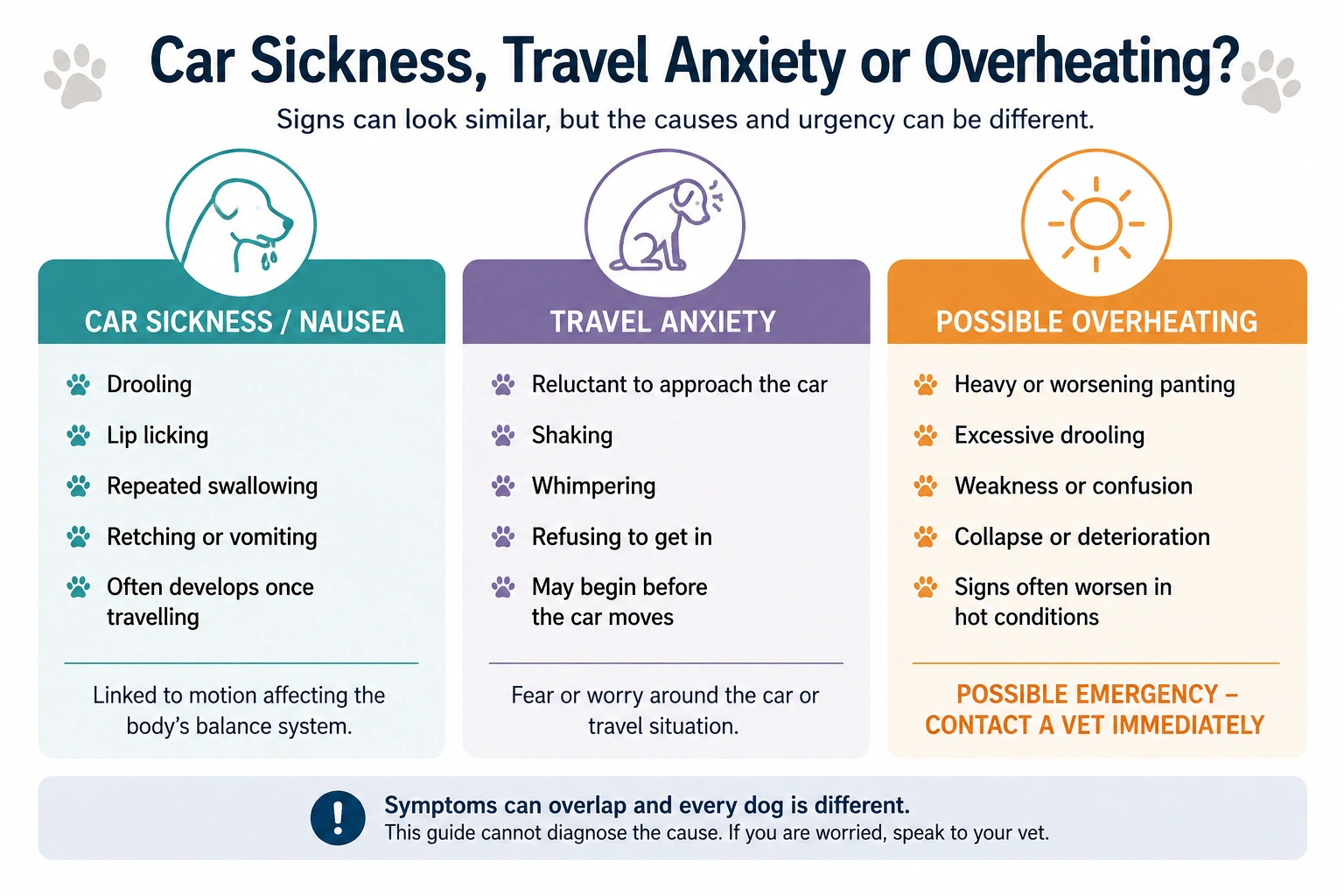 Car sickness, travel anxiety and overheating signs in dogs, including drooling, vomiting, shaking, panting and weakness.