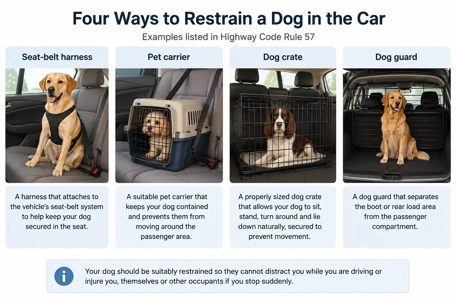 Four dog car restraint options listed in Highway Code Rule 57: seat-belt harness, pet carrier, dog crate and dog guard