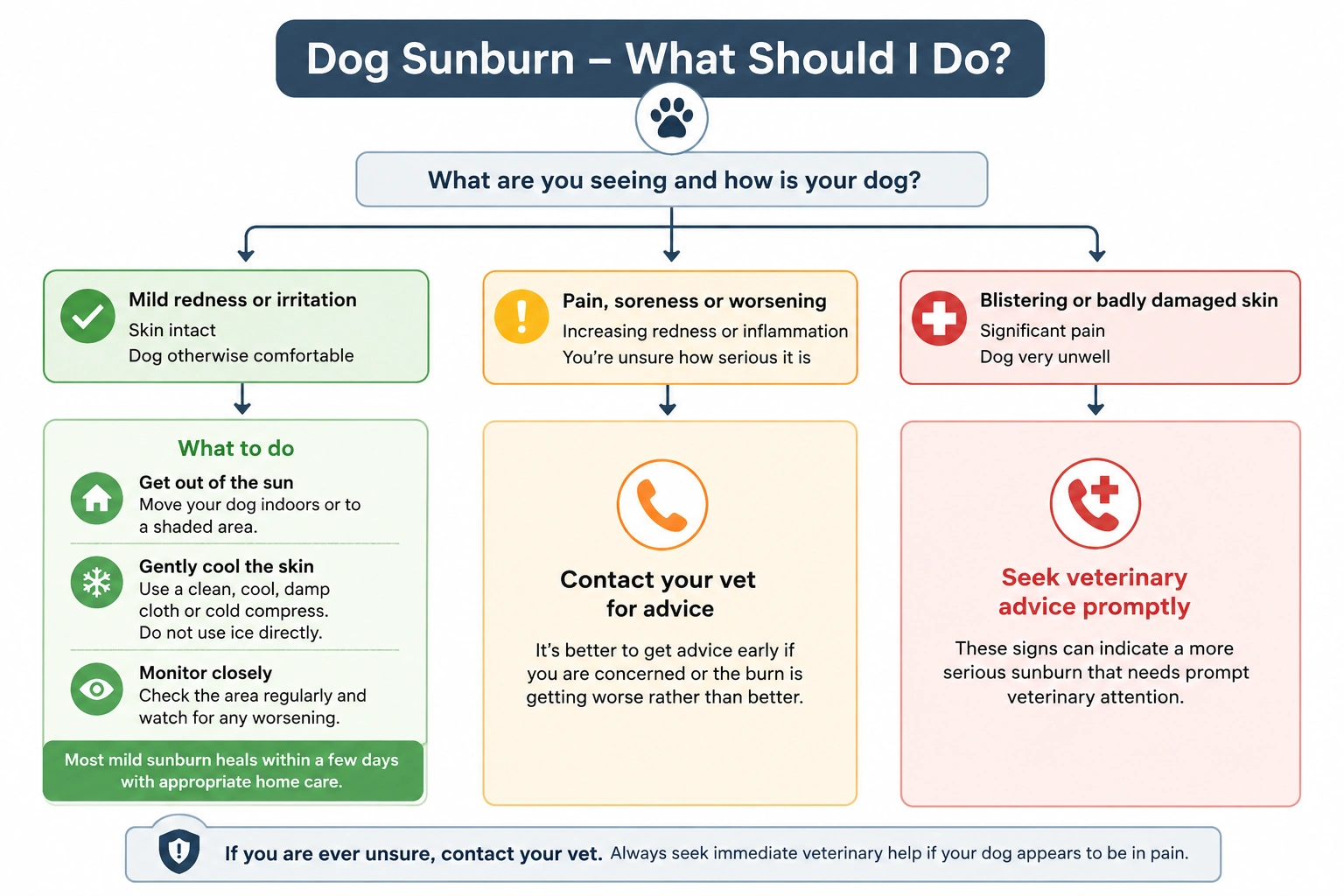 Dog sunburn treatment guide showing when to use home care and when to contact a vet