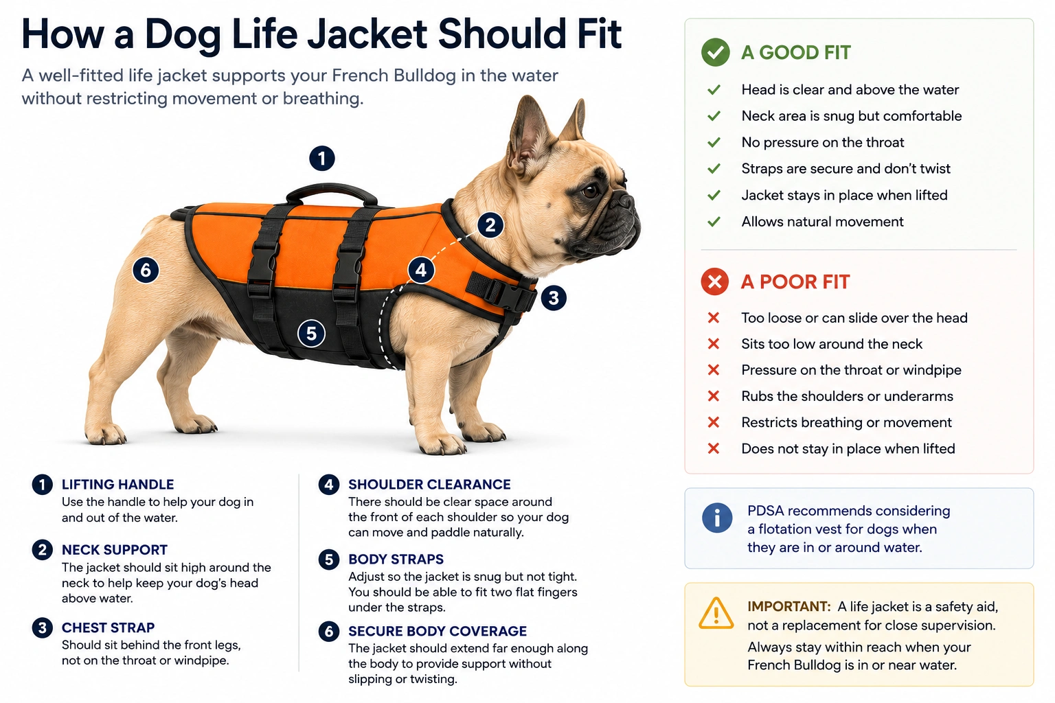 Diagram showing how a dog life jacket should fit a French Bulldog, including neck support, chest strap position, shoulder clearance, body straps, secure body coverage and lifting handle.