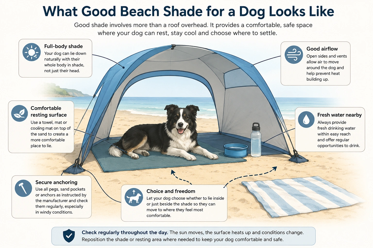 Diagram showing good beach shade for a dog, including full-body shade, airflow, fresh water, a comfortable resting surface and secure anchoring