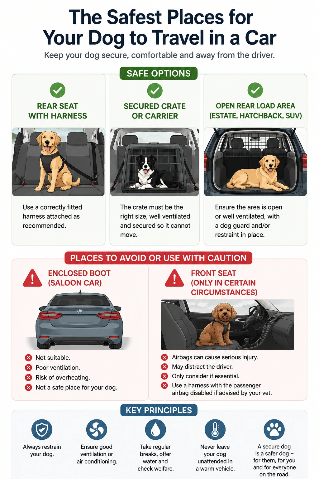 Diagram showing the safest places for a dog to travel in a car, including a rear seat with a harness, a secured crate and an open rear load area, with warnings about enclosed boots and front seats.