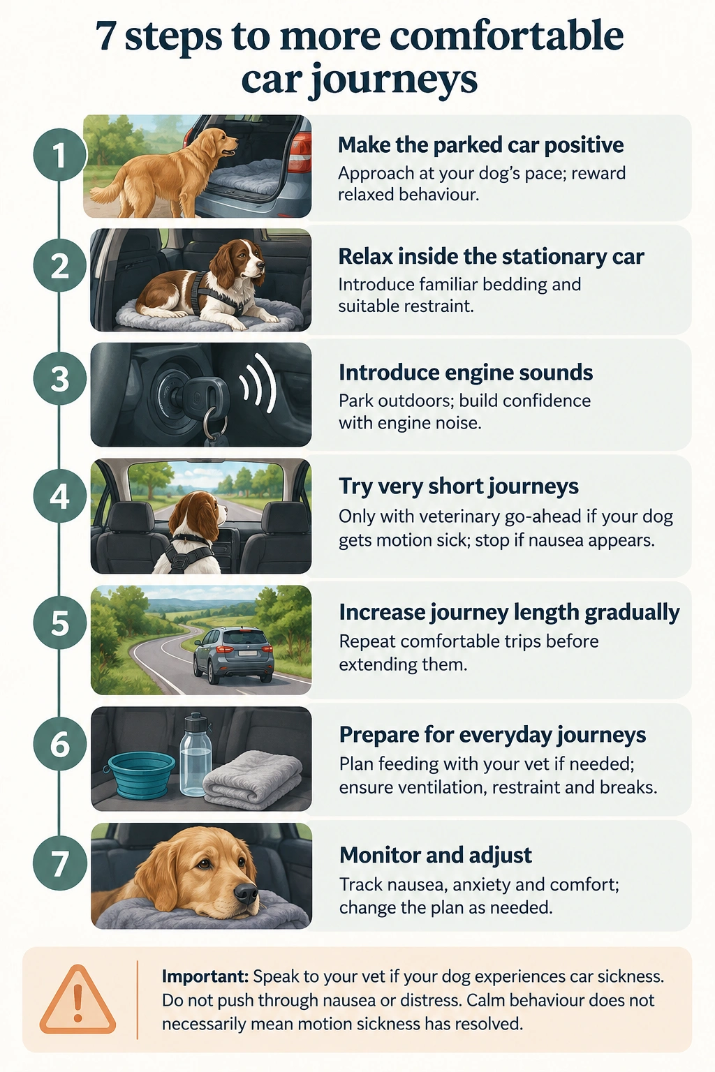 Seven stages for helping a dog become more comfortable with car journeys, from parked-car familiarisation to gradually longer trips.